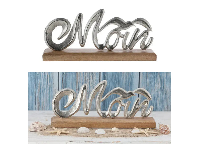 Großer 'Moin' Schriftzug mit Möwe, Silber auf Standfuß, Breite ca. 33 cm – Küstendekor TK Gruppe® Grosshandel 