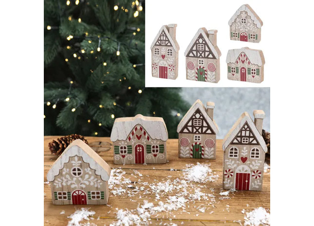 Großes Deko Holzhaus, 4er Set, 14,5cm Hoch - Rustikales Design TK Gruppe® Grosshandel 