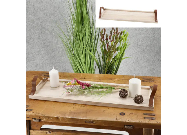 Großes Dekotablett aus Holz mit PU-Ledergriffen, Stilvolle Servierplatte TK Gruppe® Grosshandel 