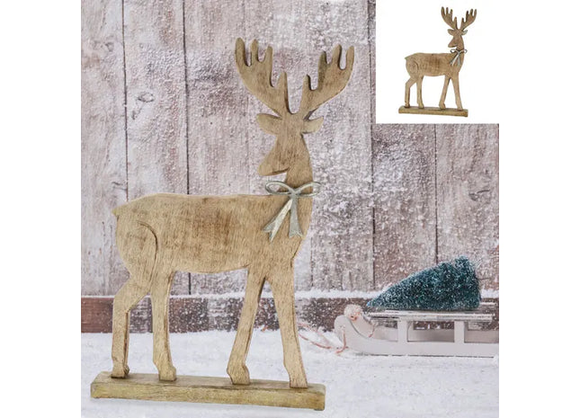 Großes Rentier mit silberner Schleife auf Standfuß - 54 cm hohe Weihnachtsdeko TK Gruppe® Grosshandel 