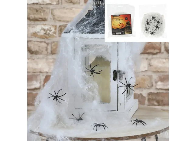 Gruselige künstliche Spinnennetz-Deko, 40g, inklusive 6 Spinnen – Ideal für Halloween TK Gruppe® Grosshandel 