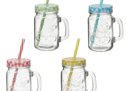 Trinkglas m. Deckel/Halm Karo, M, 4er-Set, 350ml - Modisches und praktisches Set TK Gruppe® Grosshandel 