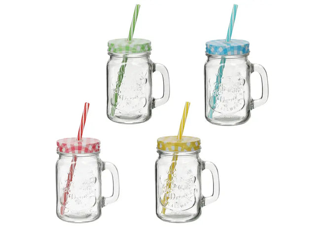 Trinkglas m. Deckel/Halm Karo, M, 4er-Set, 350ml - Modisches und praktisches Set TK Gruppe® Grosshandel 