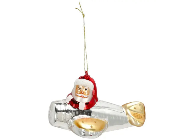 Handgefertigter Glas-Christbaumschmuck - Santa im Flugzeug, ca. 12cm Länge, Festliche Weihnachtsdeko TK Gruppe® Grosshandel 
