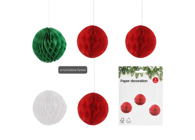 Hängedekoration Kugel Honeycomb, 3 Farben, 3er Set, ca. 8cm Durchmesser - Perfekte Partydekoration TK Gruppe® Grosshandel 