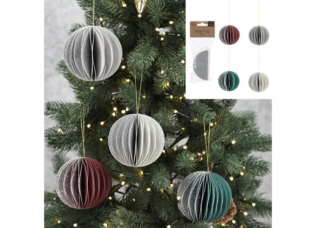 Hängende Kugel, Honeycomb, Glitzer, 4er-Set, ca. 9cm Durchmesser - Festliche Dekoration TK Gruppe® Grosshandel 