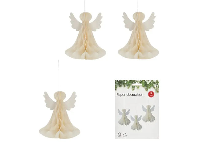 Hänger Engel Honeycomb, weiß, 3er Set – Weihnachtliche Dekoration, ca. 12cm hoch TK Gruppe® Grosshandel 