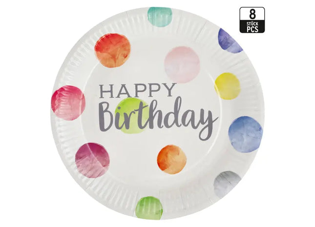 Happy Birthday Pappteller mit Punkten, 8 Stück, Ø 23cm - Ideal für Partys TK Gruppe® Grosshandel 