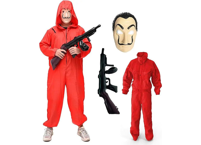 Kostüm Set - Haus des Geldes für Erwachsene Unisex mit Dali Salvador Maske, aufblasbares Gewehr, roter Overallanzug für Fasching & Halloween