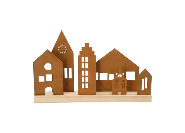 Häuserensemble auf Holzsockel, Rostoptik, ca. 25x15cm - Dekoratives Wohnaccessoire TK Gruppe® Grosshandel 