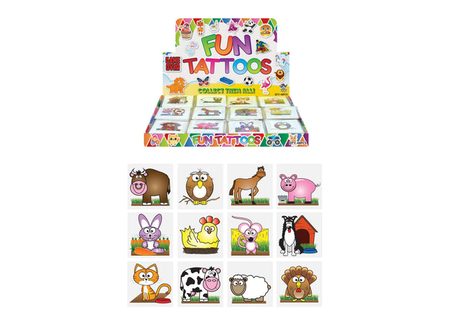 Hautfreundliche Mini-Tattoos, Bauernhof-Thema, 12 verschiedene Designs, 4 cm – ideal für Kinderpartys TK Gruppe® Grosshandel 