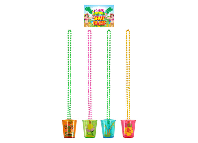 Hawaiianisches Schnapsglas mit 82 cm Kette – 4-farbig sortiert, Partyzubehör für Luau & Strandfeste TK Gruppe® Grosshandel 