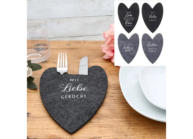 Herzförmige Filz-Bestecktaschen mit Sprüchen, 4er-Set, Tischdekoration TK Gruppe® Grosshandel 