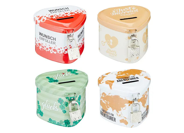 Herzförmige Sparbüchse mit Sicherheitsschloss, Sortiment 1 | Liebevolle Geldbox TK Gruppe® Grosshandel 