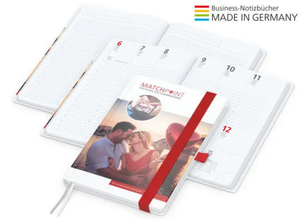 Hochwertiges A5 Match-Hybrid Notizbuch, glänzendes weißes Cover, 4C-Druck, individuell, rot TK Gruppe® Grosshandel 
