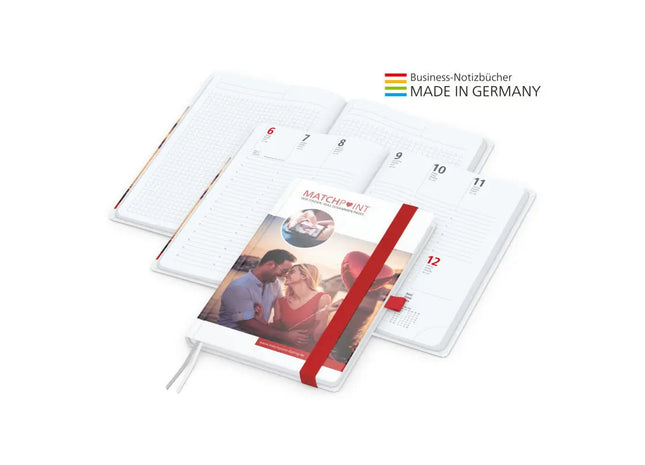 Hochwertiges A5 Match-Hybrid Notizbuch, glänzendes weißes Cover, 4C-Druck, individuell, rot TK Gruppe® Grosshandel 