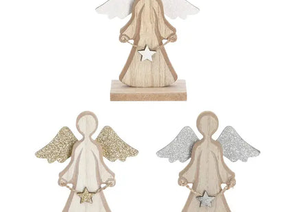 Holz-Engel mit Glitter auf Fuß, 3er-Set, 13 cm hoch – Schimmernde, festliche Deko TK Gruppe® Grosshandel 