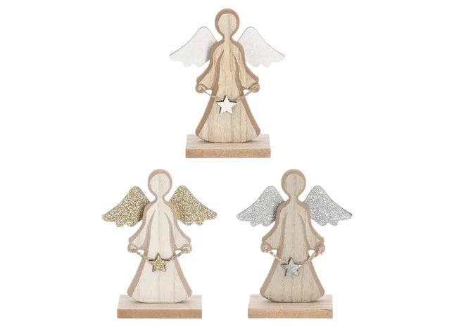 Holz-Engel mit Glitter auf Fuß, 3er-Set, 13 cm hoch – Schimmernde, festliche Deko TK Gruppe® Grosshandel 