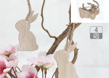 Holzanhänger Hase, 4er-Set – Rustikale Oster-Deko | Natürliche Anhänger im Wald-Stil TK Gruppe® Grosshandel 