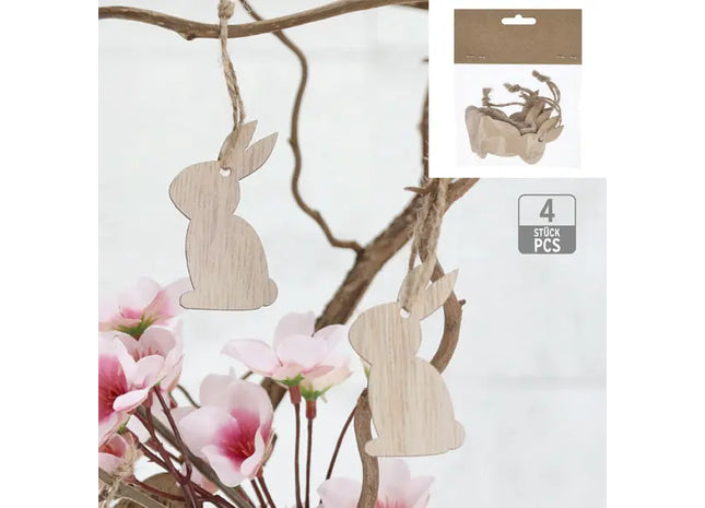 Holzanhänger Hase, 4er-Set – Rustikale Oster-Deko | Natürliche Anhänger im Wald-Stil TK Gruppe® Grosshandel 