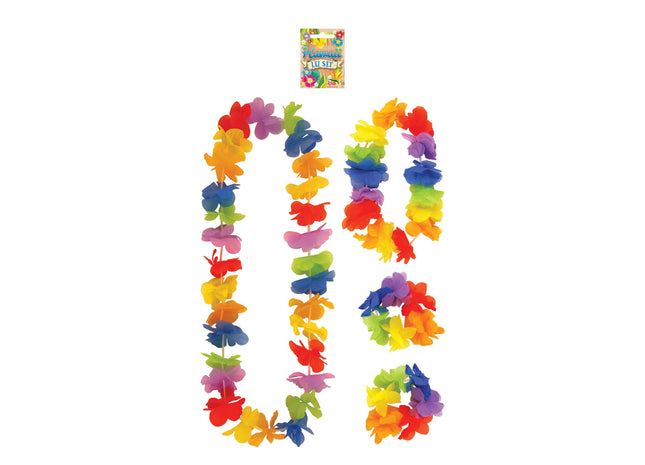 Hula-Lei-Set, 4-teilig, 6 cm Blumenblätter, mehrfarbig – tropische Party-Dekoration TK Gruppe® Grosshandel 
