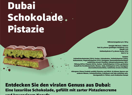 Dubai Schokolade 100 Gramm - Kadayif/Kanufa & Pistazie - Vollmichschokolade nach arabischen Rezept TK Gruppe® Grosshandel