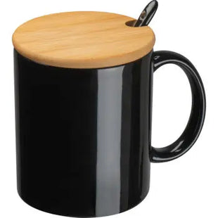 Keramiktasse mit Löffel und Bambusdeckel - Schwarz, Stilvolle & Praktische Tasse für Kaffee & Tee TK Gruppe® Grosshandel 
