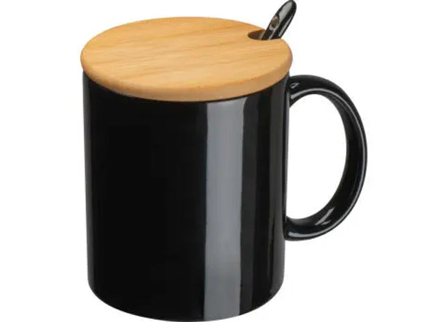 Keramiktasse mit Löffel und Bambusdeckel - Schwarz, Stilvolle & Praktische Tasse für Kaffee & Tee TK Gruppe® Grosshandel 