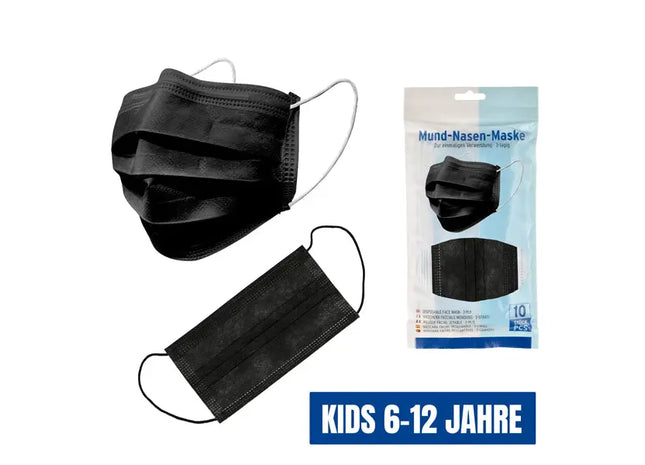 Kinder Gesichtsmaske Schwarz, 10er Pack - Schutz für Mund und Nase, Ideal für Kinder TK Gruppe® Grosshandel 