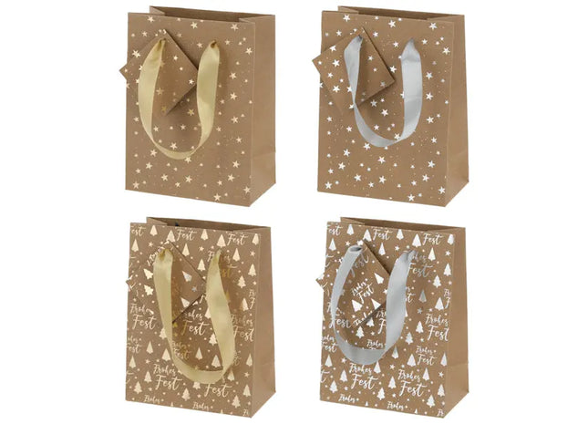 Kleine Kraftpapier-Geschenktüten, Weihnachtsdesign, 4er-Set, 14cm hoch TK Gruppe® Grosshandel 