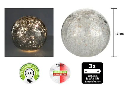 Kleine LED-Glaskugel in Crackle-Optik, Silber, 12 cm Durchmesser - Stilvolle Beleuchtung TK Gruppe® Grosshandel 
