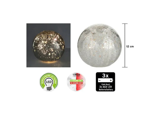 Kleine LED-Glaskugel in Crackle-Optik, Silber, 12 cm Durchmesser - Stilvolle Beleuchtung TK Gruppe® Grosshandel 