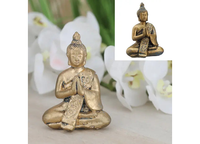 Kleiner Buddha, gold glänzend, sitzend, ca. 10cm – Dekorative Zen Statue | Elegante Buddha-Figur TK Gruppe® Grosshandel 