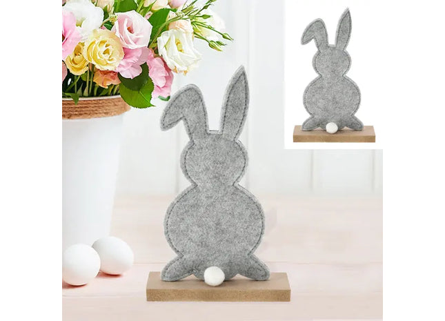 Kleiner Filzhase, Grau mit Bommelschwanz auf Holzsockel, ca. 21cm TK Gruppe® Grosshandel 
