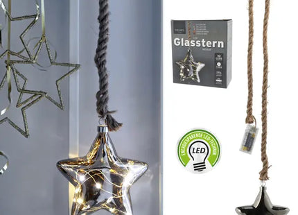 Kleiner LED Glasstern, Anthrazit, Juteseil, 10 LEDs, Durchmesser 10 cm TK Gruppe® Grosshandel 
