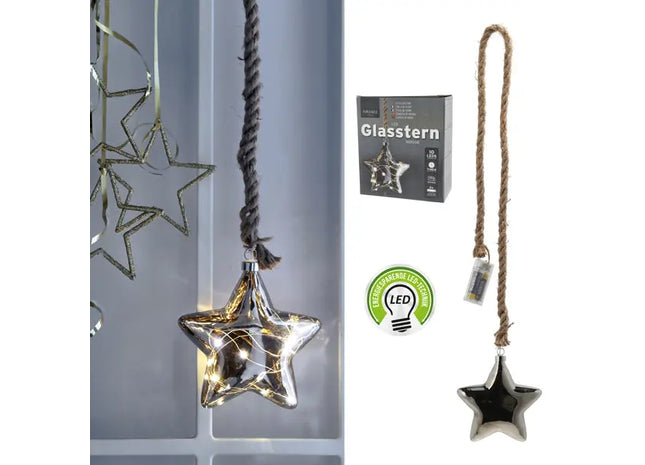 Kleiner LED Glasstern, Anthrazit, Juteseil, 10 LEDs, Durchmesser 10 cm TK Gruppe® Grosshandel 