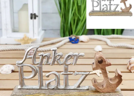 Kleiner Schriftzug 'Ankerplatz' auf Standfuß, Silber, Breite ca. 25 cm – Maritime Deko TK Gruppe® Grosshandel 