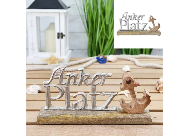 Kleiner Schriftzug 'Ankerplatz' auf Standfuß, Silber, Breite ca. 25 cm – Maritime Deko TK Gruppe® Grosshandel 