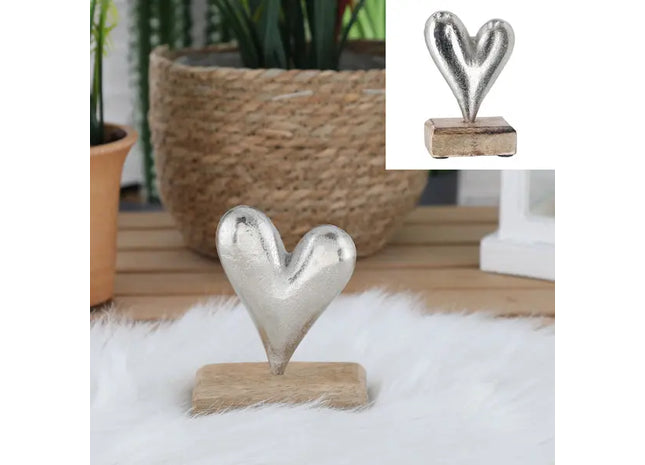 Kleines Alu-Herz auf Holzfuß - ca. 10cm, Elegantes Deko-Element TK Gruppe® Grosshandel 