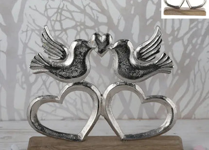 Kleines Taubenpaar auf Fuß, Herzform, Aluminium & Mangoholz, Silber, 18cm TK Gruppe® Grosshandel 