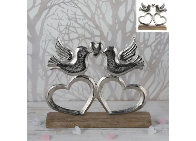 Kleines Taubenpaar auf Fuß, Herzform, Aluminium & Mangoholz, Silber, 18cm TK Gruppe® Grosshandel 