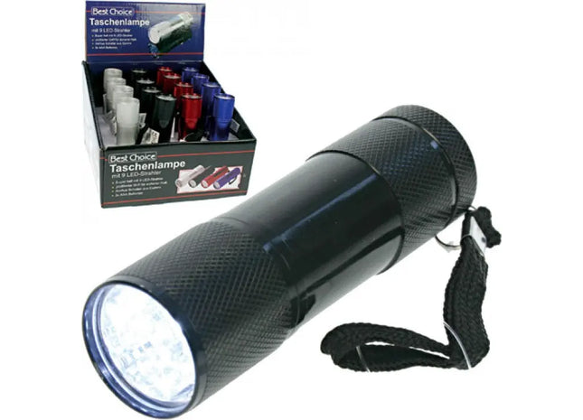 Kompakte 9-LED Taschenlampe, 9cm, Ohne Batterie, Verpackt im Display TK Gruppe® Grosshandel 
