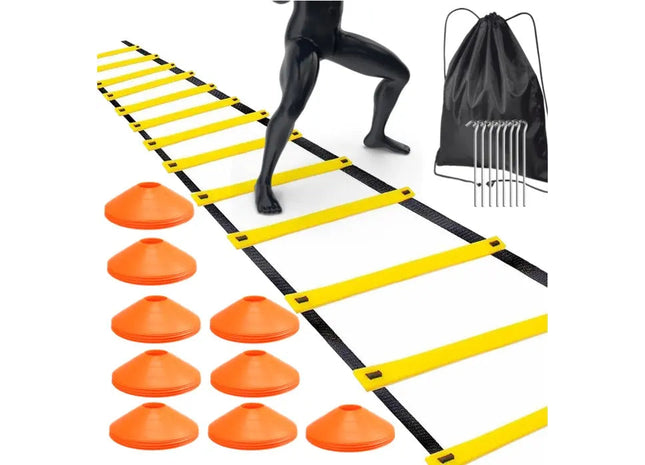 Agility Ladder Training Set - 6 m Trainingsleiter & 10x Hütchen für Slalom - Fußball Trainingszubehör & Fußballtraining (1)