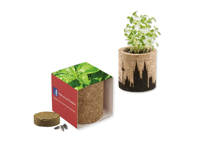 Kork-Blumentopf mit Banderole und personalisierter Lasergravur – Basilikum TK Gruppe® Grosshandel 