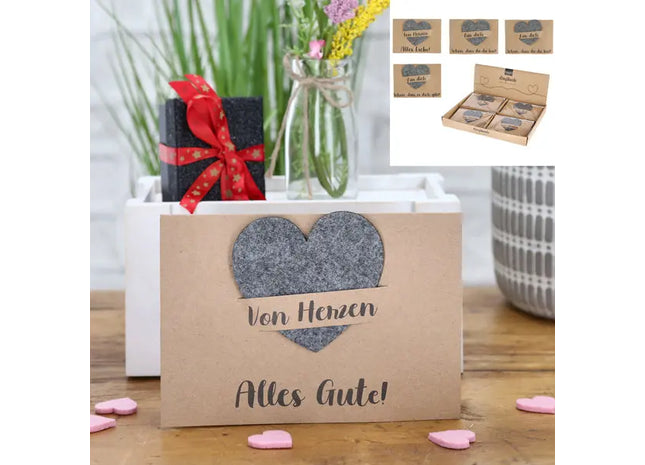 Kraftpapier Grußkarten mit Filzherz, 4er-Set - Handgefertigte Eleganz TK Gruppe® Grosshandel 