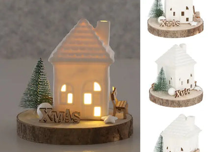 LED-Beleuchtetes Keramikhaus auf Holzsockel, Charmante Dekorative Beleuchtung TK Gruppe® Grosshandel 