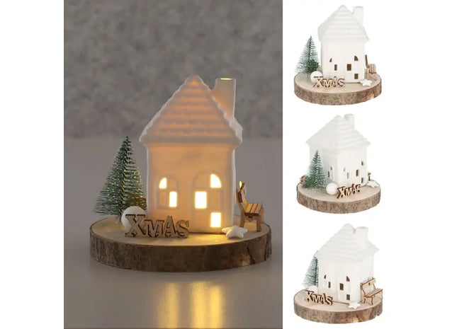 LED-Beleuchtetes Keramikhaus auf Holzsockel, Charmante Dekorative Beleuchtung TK Gruppe® Grosshandel 