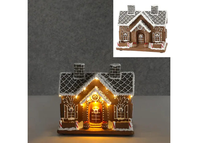 LED-Beleuchtetes Winterhaus im Lebkuchenstil, Festliche Dekoration, 25x22 cm TK Gruppe® Grosshandel 