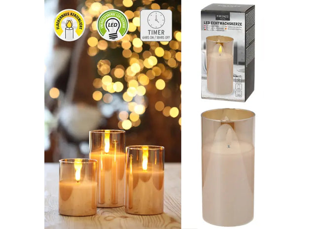 LED Echtwachskerze im Glas, Groß, 7,5x15cm, Stimmungsvolle Beleuchtung TK Gruppe® Grosshandel 