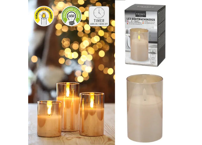 LED Echtwachskerze im Glas, Mittelgroß, 7,5x12,5cm, Stilvolles Licht TK Gruppe® Grosshandel 